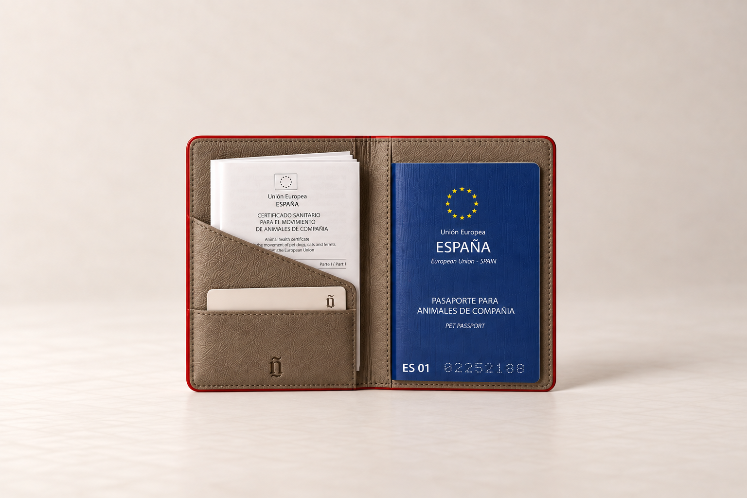 Open Travel Document Holder with a European companion animal passport, travel documents and a card