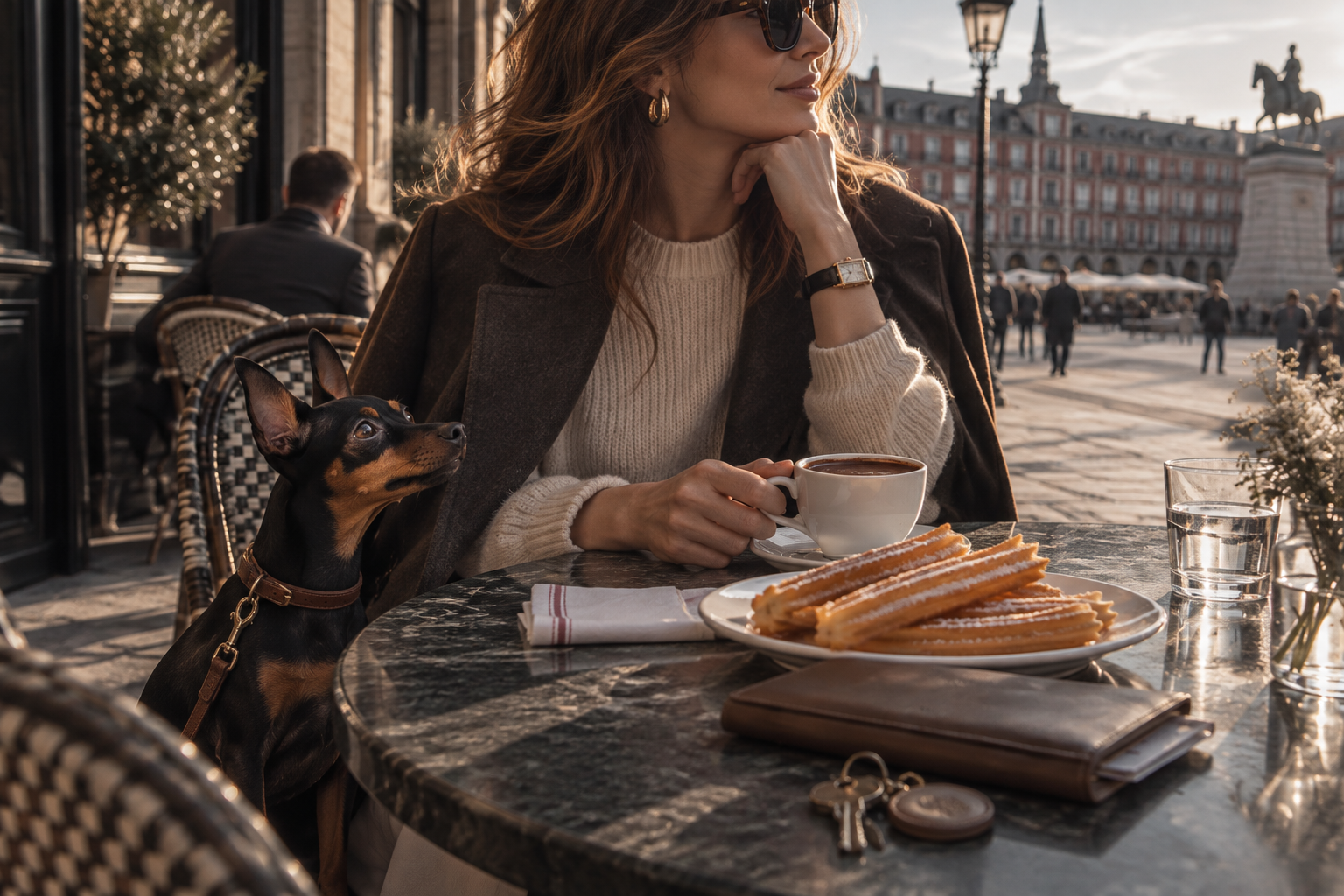 Mujer con su perro pequeño en una terraza de Madrid, con chocolate con churros y el portadocumentos de piel sobre la mesa