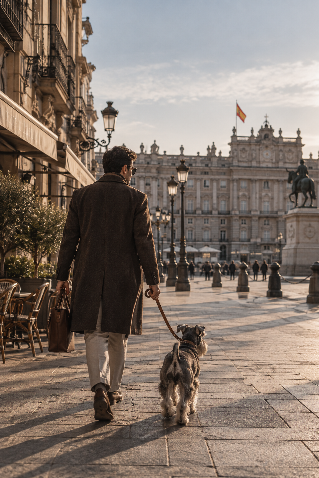 Paseo al final de la tarde hacia el Palacio Real de Madrid con un perro pequeño
