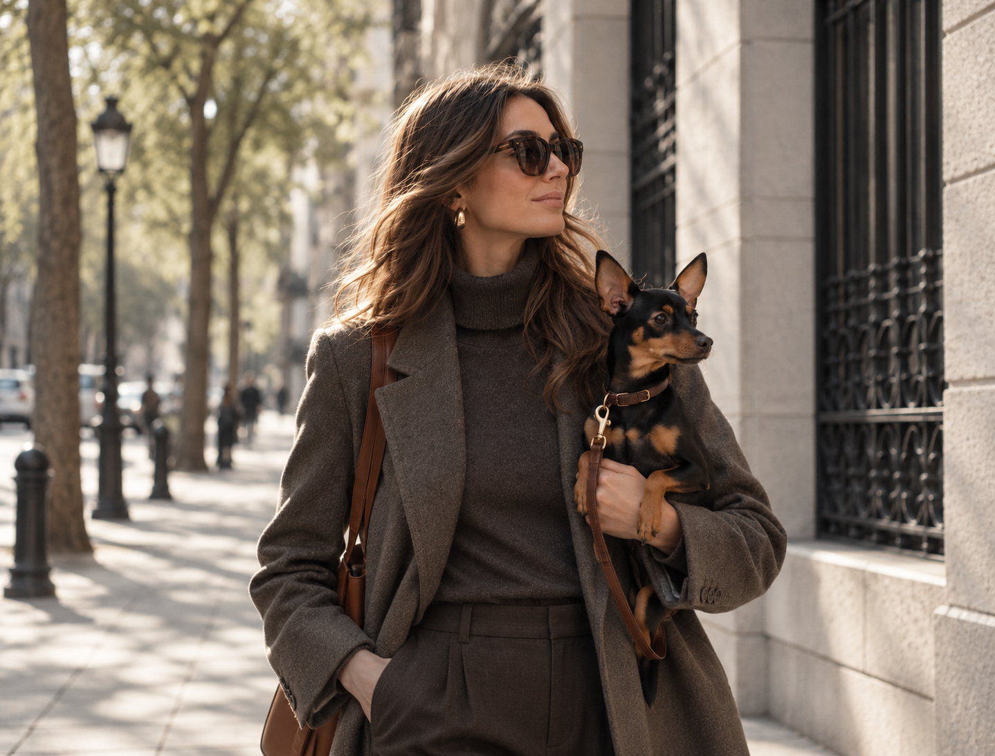 A woman in a taupe coat carrying her small dog through Madrid at dawn
