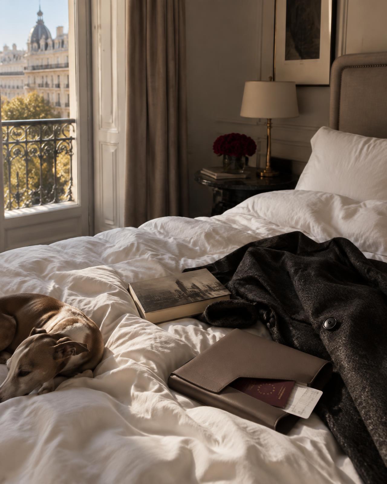 Abrigo, documentos y perro pequeño en una habitación de Madrid