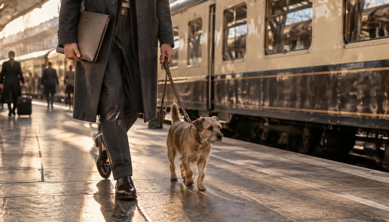 Viajero y perro pequeño en una estación al final de la tarde